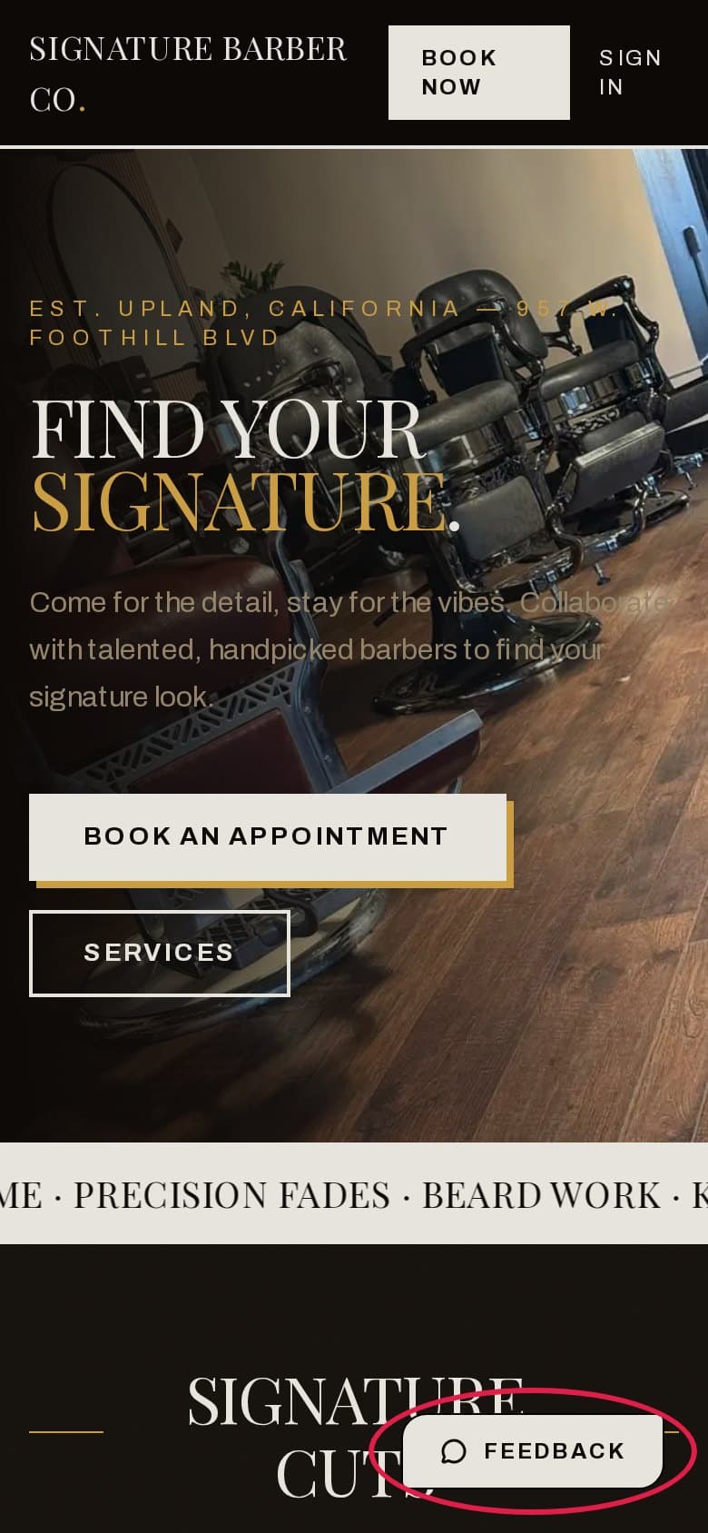 The shop's home page on a phone, with the Feedback button circled in red in the bottom-right corner