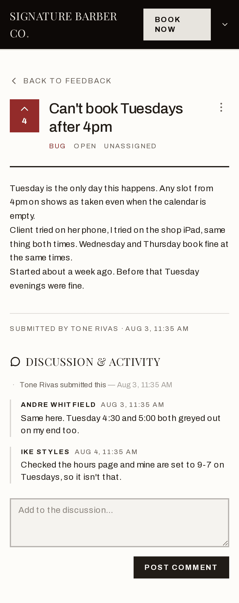 A bug report open on a phone, showing four votes, the status Open, the full description, and two comments from other barbers