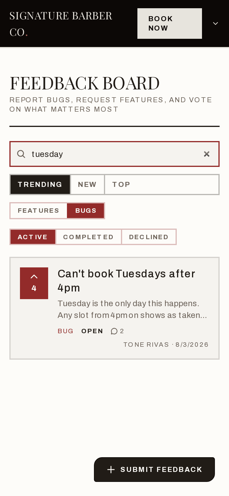 The board filtered to Bugs with tuesday typed in the search box, showing one matching report
