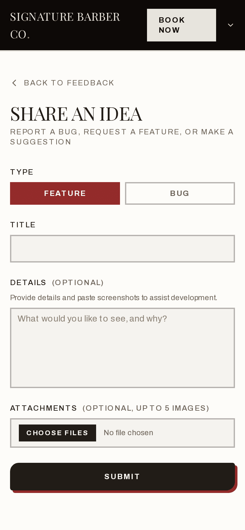 The submit form on a phone with Feature and Bug buttons, a title field, a details box, and an attachments picker